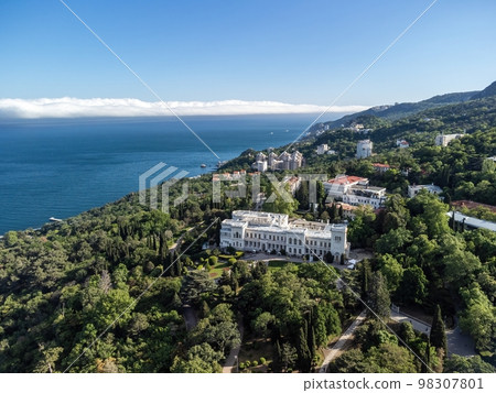 Aerial View of Livadia Palace - located on the shores of the Black Sea in the village of Livadia in the Yalta region of Crimea. Livadia Palace was a summer retreat of the last Russian tsar Nicholas II Aerial View of Livadia Palace - located on the shores of the Black Sea in the village of Livadia in the Yalta region of Crimea. Livadia Palace was a summer retreat of the last Russian tsar Nicholas II 98307801