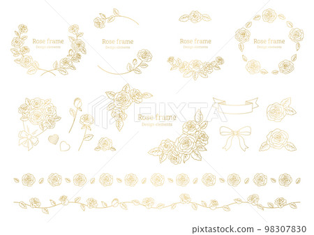 矢量圖的玫瑰,框架和裝飾,情人節或婚禮,白色背景上的金色線條。 矢量圖的玫瑰,框架和裝飾,情人節或婚禮,白色背景上的金色線條。 98307830