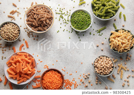 A variety of fusilli pasta from different types of legumes. Gluten-free pasta. 98308425