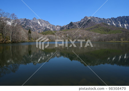五月的戶隠鏡池是殘雪新綠的季節 五月的戶隠鏡池是殘雪新綠的季節 98308470