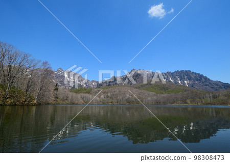 五月的戶隠鏡池是殘雪新綠的季節 98308473