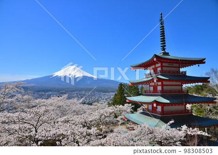 日本風景之美:五層寶塔、櫻花、富士山 日本風景之美:五層寶塔、櫻花、富士山 98308503