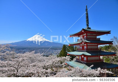 日本風景之美:五層寶塔、櫻花、富士山 日本風景之美:五層寶塔、櫻花、富士山 98308506