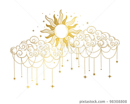 Astrological boho graphics, Heavenly golden sun with ornate clouds, zodiac sticker, mystical tattoo. Vector illustration isolated on white background. 98308808