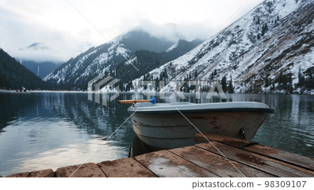 Mountain lake in the forest with mirror water Mountain lake in the forest with mirror water 98309107