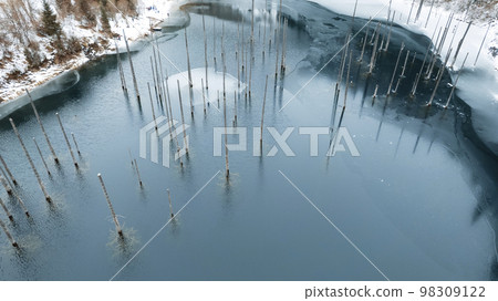Kaindy Mountain Lake in winter. Drone view 98309122