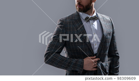 man in formalwear tuxedo isolated on grey background banner. formalwear of man in studio. 98309609