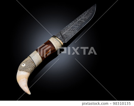 souvenir collectible silver gold dagger cutlass with scabbard, with metal engraving, Bone handle on black. Luxury weapons with traditional patterns in medieval vintage viking shamanic style souvenir collectible silver gold dagger cutlass with scabbard, with metal engraving, Bone handle on black. Luxury weapons with traditional patterns in medieval vintage viking shamanic style 98310135