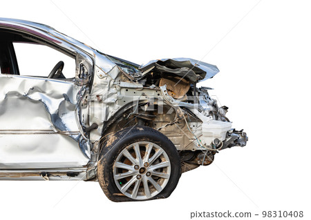 Silver car get hard damaged by accident on the road. Maintenance or car repair concept 98310408
