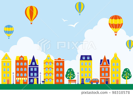 Background illustration of a city with balloons floating in the sky and colorful houses and shops Background illustration of a city with balloons floating in the sky and colorful houses and shops 98310578