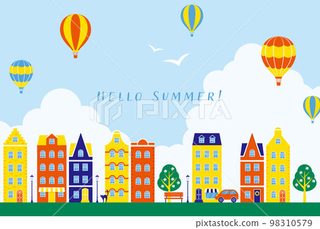 Background illustration of a city with balloons floating in the sky and colorful houses and shops 98310579