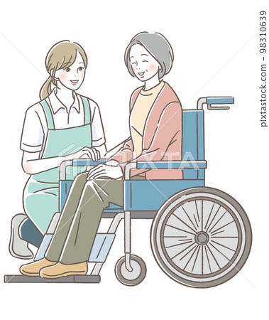 一位坐在輪椅上的高級女性和一位微笑的護理員女性 一位坐在輪椅上的高級女性和一位微笑的護理員女性 98310639