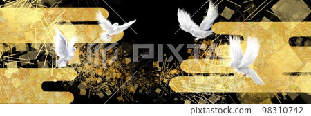 平安藝術風格的金銀砂和日式雲背景和和平的象徵與白鴿幸運符插圖和黑色背景和諧共舞 98310742