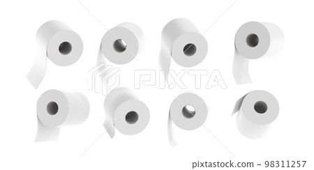 Toilet paper rolls in different angle view 3d render. Blank soft cleaner tissue cellulose production isolated on white background. Hygienic accessories, sanitary product mockup set Toilet paper rolls in different angle view 3d render. Blank soft cleaner tissue cellulose production isolated on white background. Hygienic accessories, sanitary product mockup set 98311257