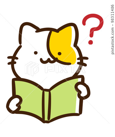 一個對書的內容有疑問的可愛貓角色的上半身插圖 98311486