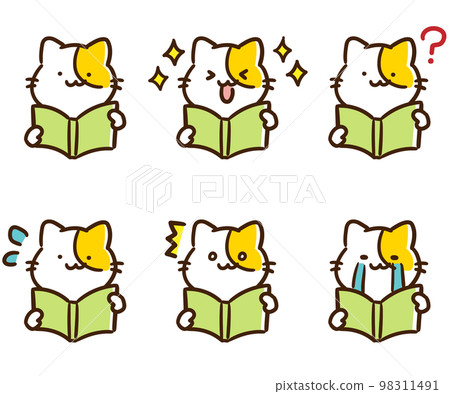 Upper body illustration set of a cute cat character reading with various expressions Upper body illustration set of a cute cat character reading with various expressions 98311491