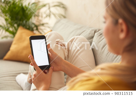 Woman Using Smartphone At Home. Blonde Girl Sitting On Sofa And Messaging 98311515