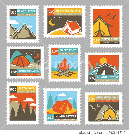 Colorful postage stamp with travel camping element 98311741