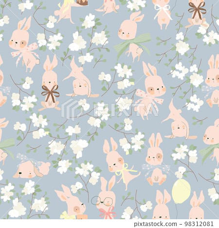 Seamless Pattern with Funny Rabbits and Cherry Blossom 98312081