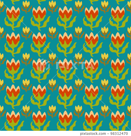Vector seamless pattern with bright yellow and orange flowers with leaves on aquamarine background. Vector seamless pattern with bright yellow and orange flowers with leaves on aquamarine background. 98312470