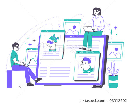 Non fungible token, cryptocurrency arts concept. Crypto art sale and buy, digital artist creating non fungible token via blockchain flat vector Illustration. Outline exclusive nft masterpieces Non fungible token, cryptocurrency arts concept. Crypto art sale and buy, digital artist creating non fungible token via blockchain flat vector Illustration. Outline exclusive nft masterpieces 98312502