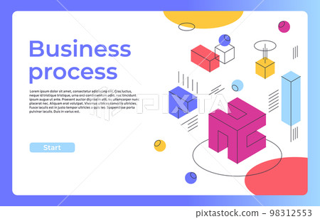Business process abstract landing page design. Isometric geometric shapes, business innovation graphics 3d vector background illustration. Mosaic blocks business concept 98312553
