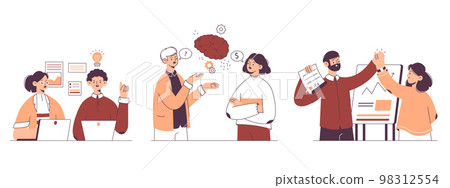 Business team brainstorming and conversation. Outline office workers discussion and presentation flat vector symbols illustrations set. Office business people workflow scenes Business team brainstorming and conversation. Outline office workers discussion and presentation flat vector symbols illustrations set. Office business people workflow scenes 98312554