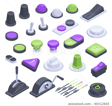 Isometric toggles, control panel buttons, sliders and switches. Dashboard panel 3d regulators, spaceship or aircraft controllers vector illustration set. Switch toggles collection 98312603