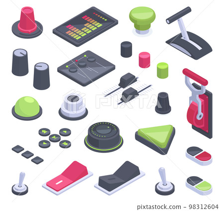 Isometric dashboard switches, toggles, knobs and buttons. Spaceship control panel sliders 3d vector illustration set. Aircraft controllers bundle Isometric dashboard switches, toggles, knobs and buttons. Spaceship control panel sliders 3d vector illustration set. Aircraft controllers bundle 98312604