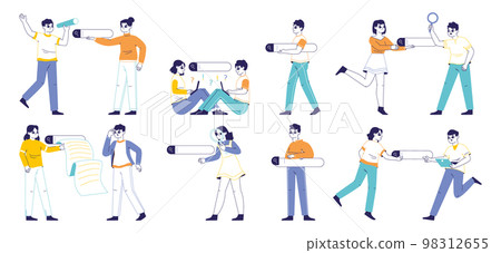 Search bars using, people browsing internet. Man and woman searching answer online, search bars browsing information flat vector illustration set. Web search bar users 98312655