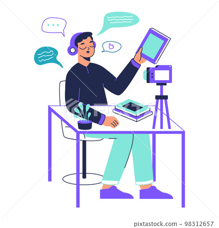 Blogger making photo and video content, book review concept. Vlogging man reviewing book novelties, subscription and followers attraction vector illustration set. Content creator character Blogger making photo and video content, book review concept. Vlogging man reviewing book novelties, subscription and followers attraction vector illustration set. Content creator character 98312657