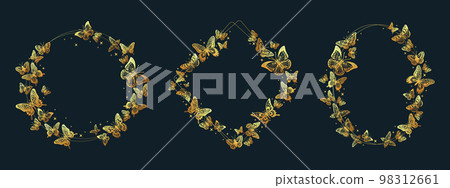 Butterflies golden frames, gorgeous wedding decoration. Gold butterfly wreaths, exotic insects circle decor flat vector background illustration. Gorgeous butterflies frames elements 98312661