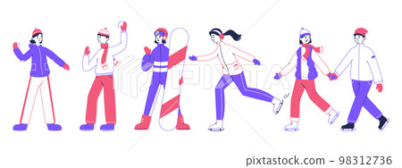 People snow outdoor recreation, winter xmas holidays sport activities. Sporty people snowboarding and skating, winter outdoor activity vector illustration. Linear snow activities People snow outdoor recreation, winter xmas holidays sport activities. Sporty people snowboarding and skating, winter outdoor activity vector illustration. Linear snow activities 98312736