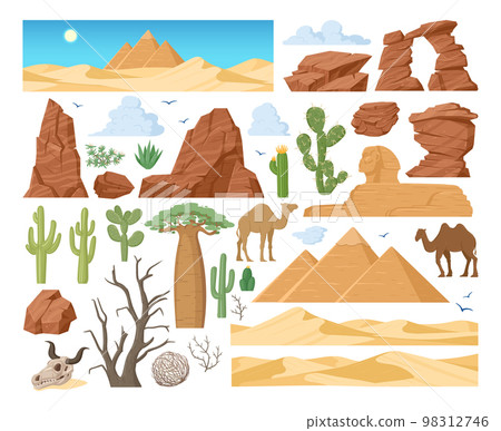 Cartoon desert dunes, tumbleweed, sand stones, cactus plants. Cartoon sand landscape elements, western desert view flat vector symbols set. Desert constructor elements 98312746