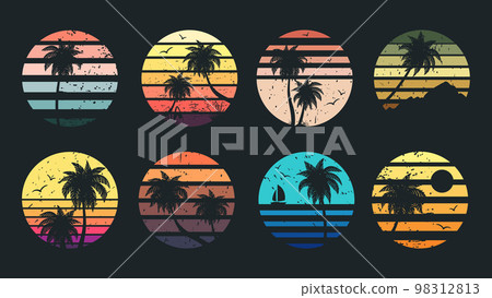 Cartoon sunset circle gradient badges, sunrise grunge emblems. Palm trees summer beach 80s style badges, tropical sunset landscape 90s flat vector symbols set. Gradient textured stamps 98312813