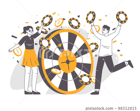 Casino gambling outline people, lucky roulette players. Fortune prize winners, roulette happy gamers flat vector background illustration. Lucky winning people 98312815