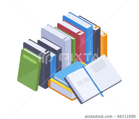 Isometric books stack, educational or fantasy literature. Encyclopedia, school books pile, textbook 3d vector illustration set. Book piles collection Isometric books stack, educational or fantasy literature. Encyclopedia, school books pile, textbook 3d vector illustration set. Book piles collection 98312890