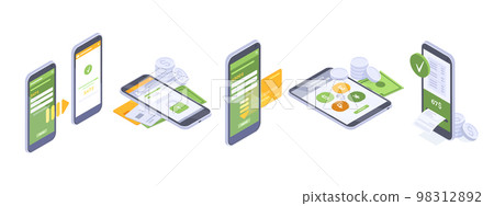 Isometric mobile phone money transfer, financial online transaction. Currency conversion, online bank application, smartphone banking flat symbols illustration set. Money transfer app Isometric mobile phone money transfer, financial online transaction. Currency conversion, online bank application, smartphone banking flat symbols illustration set. Money transfer app 98312892