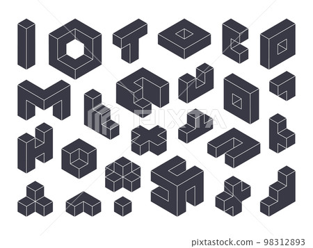 Isometric puzzle blocks, game geometric shapes. Logic game cubes, 3d constructor blocks elements vector illustration collection. Mosaic blocks set Isometric puzzle blocks, game geometric shapes. Logic game cubes, 3d constructor blocks elements vector illustration collection. Mosaic blocks set 98312893