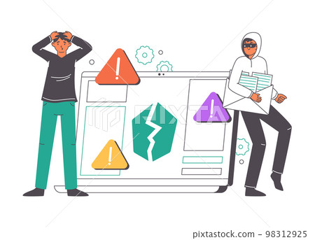 Cyber scam phishing, cyber crime concept. Online hacker attack, personal data protection, computer security outline flat vector illustration. Internet fraud crime 98312925