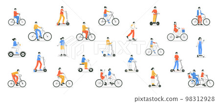 Flat bicycle riders, outline people riding bike. Characters ride bicycle in park or city street, eco friendly transportation cartoon vector illustration set. Bike riders collection Flat bicycle riders, outline people riding bike. Characters ride bicycle in park or city street, eco friendly transportation cartoon vector illustration set. Bike riders collection 98312928