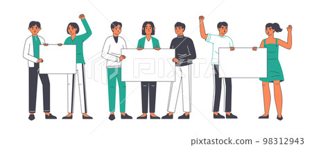 Peaceful protesters, activists people holding placards. Political rally, manifestation or protest march activists group flat vector illustrations set. Protesting activists scenes Peaceful protesters, activists people holding placards. Political rally, manifestation or protest march activists group flat vector illustrations set. Protesting activists scenes 98312943