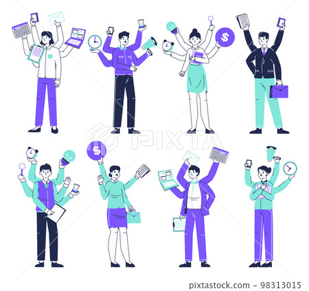 Multitasking office workers, productive business characters. Professional multitasking employees doing many things simultaneously flat vector illustration set. Juggle business people 98313015