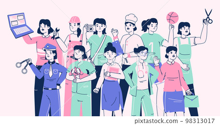 Professional female workers, businesswoman, doctor and police officer. Woman with different occupation, successful IT engineer and chef flat vector illustration. Occupations female equality 98313017