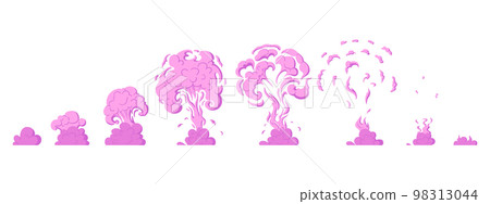 Cartoon pink dust clouds animation, smoke silhouette sprite. Colorful smoke explosion sprite elements flat vector symbols illustration set. Pink dust clouds animation Cartoon pink dust clouds animation, smoke silhouette sprite. Colorful smoke explosion sprite elements flat vector symbols illustration set. Pink dust clouds animation 98313044