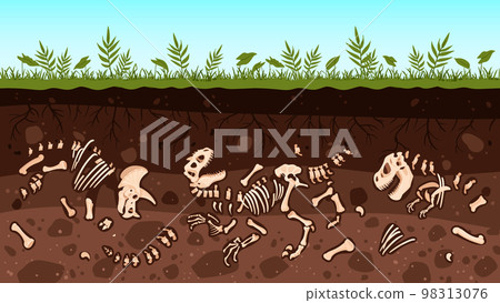 Cartoon underground dinosaur fossil, dino bones. Archeology ground layers fossil, paleontology reptile skeletons flat vector illustration collection. Dino bones excavation Cartoon underground dinosaur fossil, dino bones. Archeology ground layers fossil, paleontology reptile skeletons flat vector illustration collection. Dino bones excavation 98313076