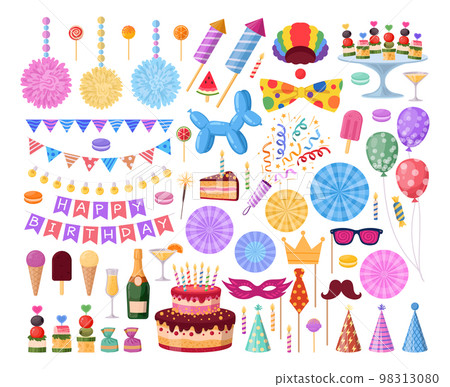 Birthday party cartoon elements, cake, balloons and gifts. Happy birthday celebration decorations, garlands, sweets and cake with candles flat vector illustration set. Festive celebration bundle 98313080