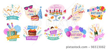 Happy birthday party celebration badges, cartoon festive elements. Hand drawn birthday gifts, balloons and candles labels flat vector illustration collection. Carnival HB party design set 98313082