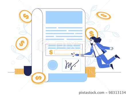 Banking paperwork, business financial contract signing. Check money transaction, people making online signature flat vector illustration. Official bank paper signing 98313134