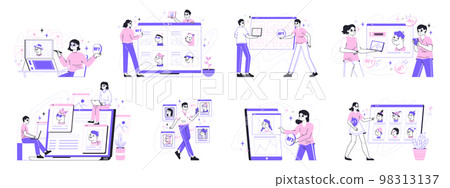 Non-fungible token, NTF crypto arts, people sale and buy crypto art. Digital NTF arts market, artists creating non fungible token via blockchain flat vector Illustration set. Crypto art scenes Non-fungible token, NTF crypto arts, people sale and buy crypto art. Digital NTF arts market, artists creating non fungible token via blockchain flat vector Illustration set. Crypto art scenes 98313137